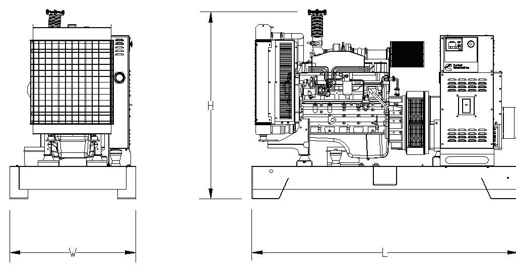 Desenho do grupo gerador Cummins com as cotas de comprimento (L), largura (W) e altura (H)